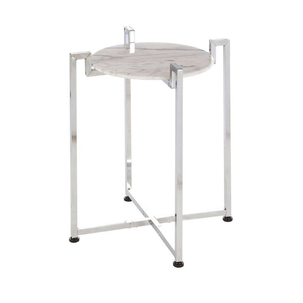 Round white marble side table with a sleek chrome base, featuring four slender legs and a minimalist design, suitable for modern home decor