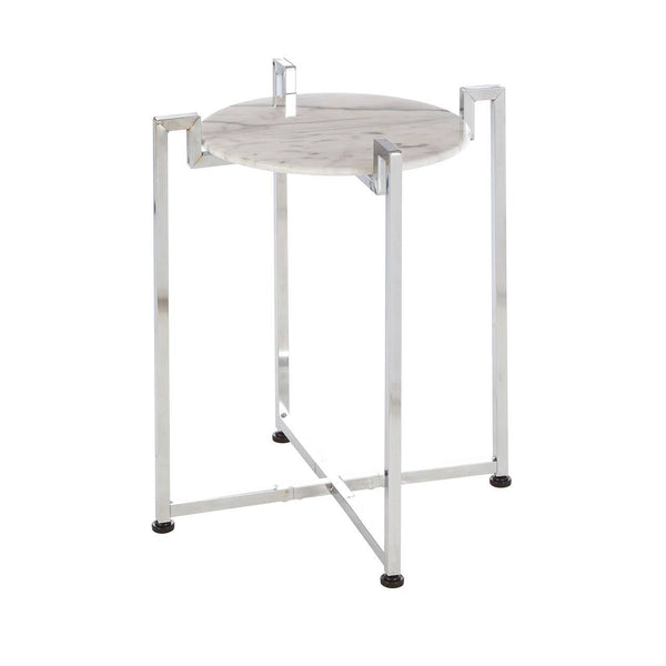 Round white marble side table with a sleek chrome base, featuring four slender legs and a minimalist design, suitable for modern home decor
