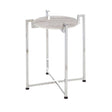 Round white marble side table with a sleek chrome base, featuring four slender legs and a minimalist design, suitable for modern home decor