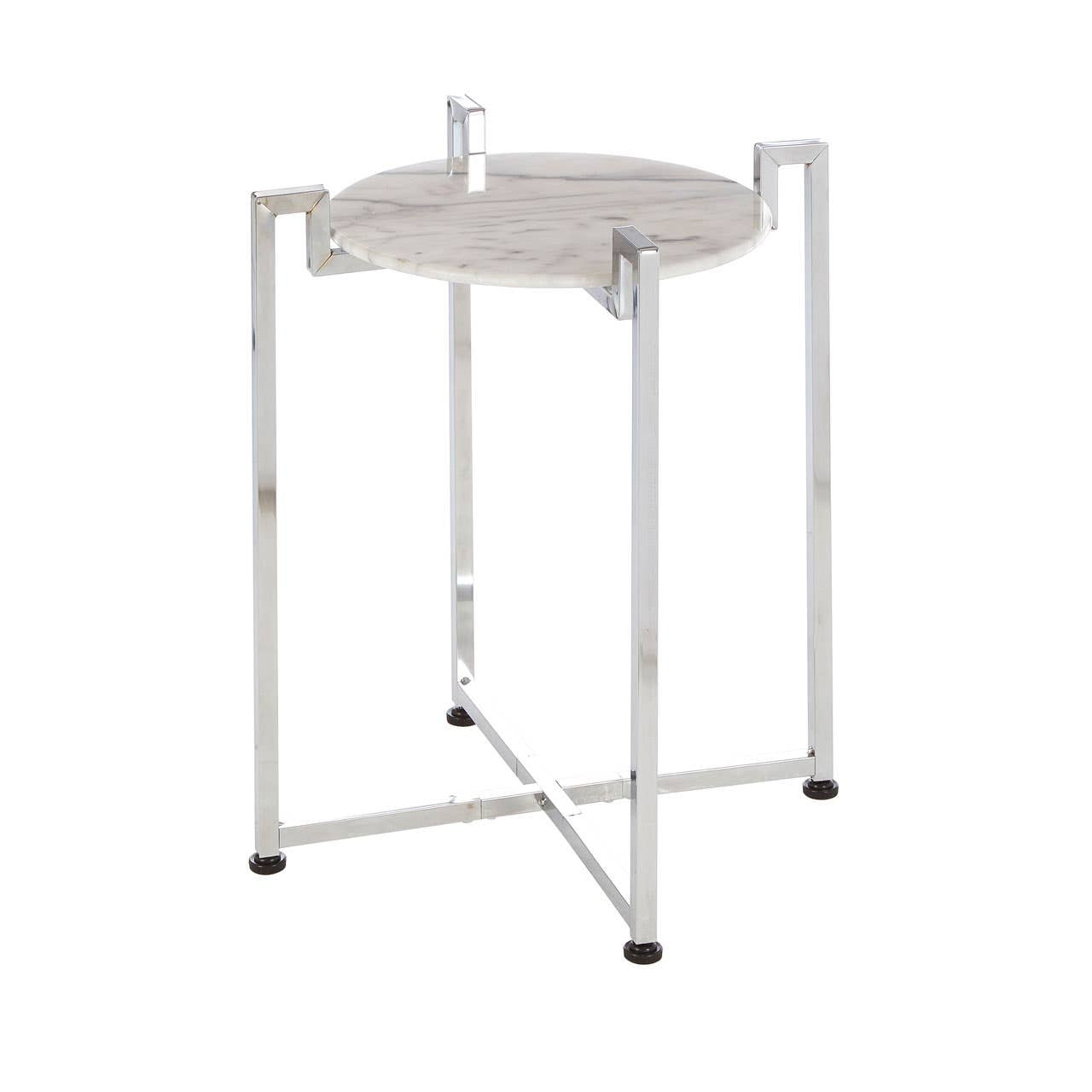 Round white marble side table with a sleek chrome base, featuring four slender legs and a minimalist design, suitable for modern home decor