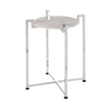 Round white marble side table with a sleek chrome base, featuring four slender legs and a minimalist design, suitable for modern home decor