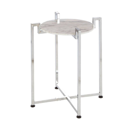 Round white marble side table with a sleek chrome base, featuring four slender legs and a minimalist design, suitable for modern home decor