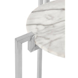 Close-up view of a round white marble side table featuring a sleek chrome base, highlighting the smooth surface of the marble and the modern design of the metal frame