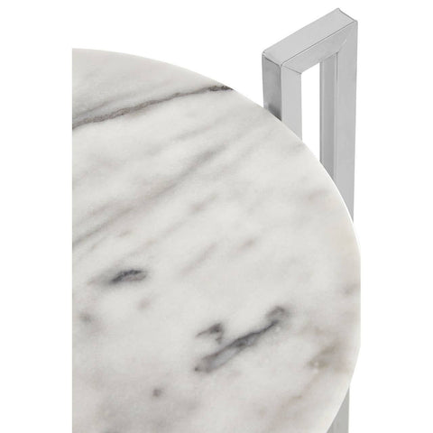 Round white marble tabletop featuring subtle gray veining, paired with a sleek chrome base that has a modern geometric design. The table is shown from a top-down angle, highlighting the smooth surface and polished finish of the marble