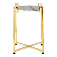 White marble side table featuring a warm gold metal base with a sleek, modern design. The table has a rectangular top with a natural marble pattern and sturdy, crossed legs for stability