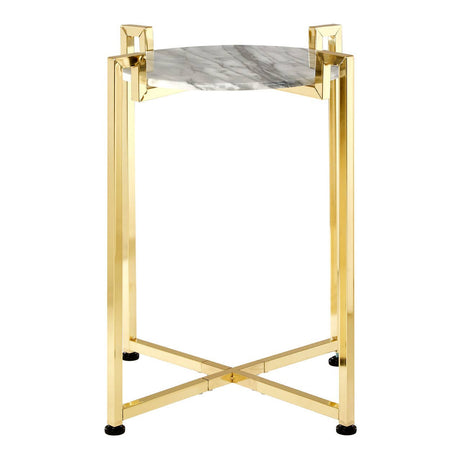 White marble side table featuring a warm gold metal base with a sleek, modern design. The table has a rectangular top with a natural marble pattern and sturdy, crossed legs for stability