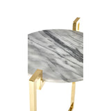 White marble side table featuring a smooth, polished surface with gray veining, supported by a warm gold metal base with a modern design