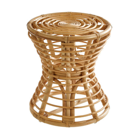 Natural rattan stool with a woven design, featuring a rounded top and hourglass shape, showcasing a light brown color and a textured surface