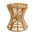 Natural rattan stool with a distinctive hourglass shape, featuring an open weave design that showcases the light brown color and texture of the rattan material. The top is circular with a slatted pattern, providing a stylish and airy look suitable for various home decor styles