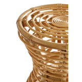 Natural rattan stool featuring a circular top with a woven pattern and a tapered base, showcasing the light brown color and texture of the rattan material