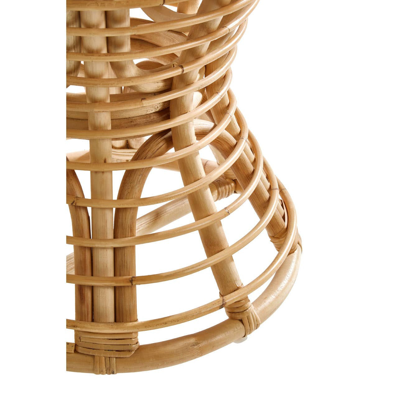 Natural rattan stool featuring a curved, woven design with an open structure, showcasing the light brown color and texture of the rattan material