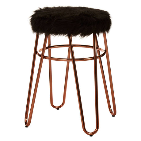 Faux fur stool with a round black seat and a rose gold metal frame featuring slender legs