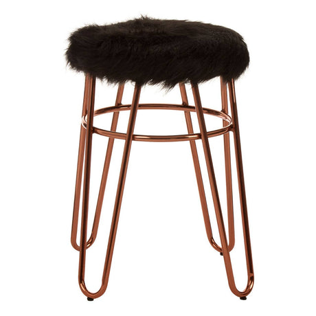 Faux fur stool with a black fluffy seat and a rose gold metal frame featuring slender, geometric legs