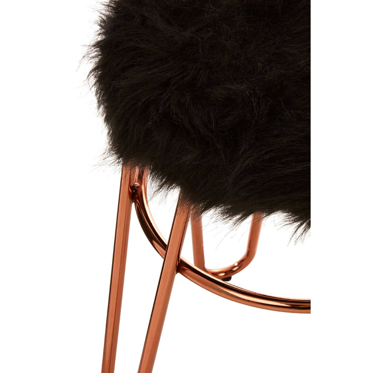 Faux fur stool with a plush black seat and sleek rose gold finish metal legs, showcasing a modern and stylish design