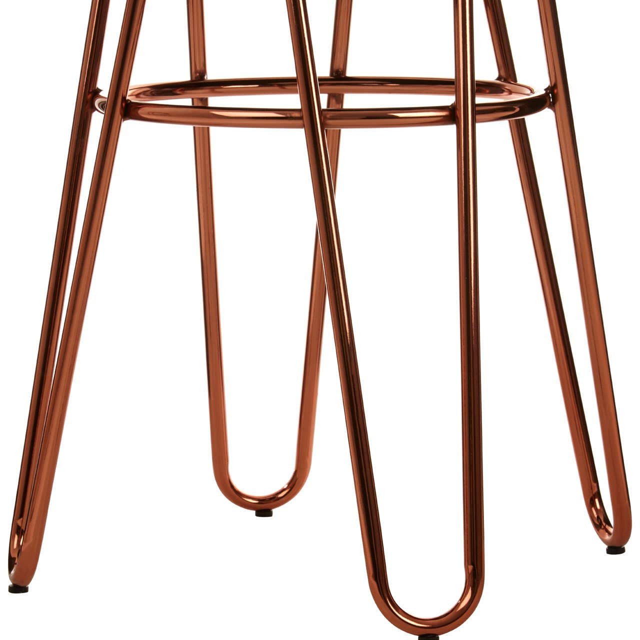 Faux fur stool with a plush seat in a soft texture, supported by a sleek rose gold finish metal frame featuring slender, modern legs and a circular footrest