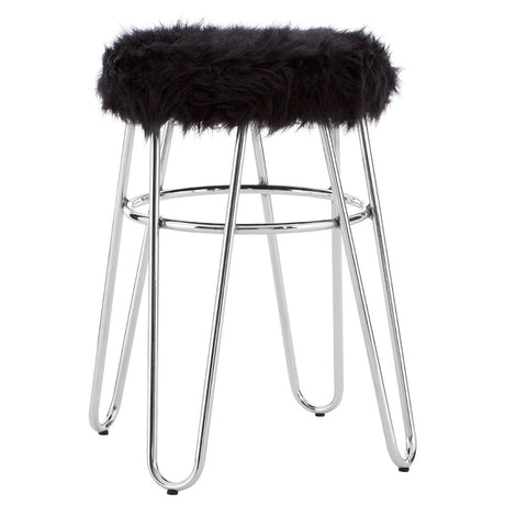 Black faux fur stool with a soft, textured seat and sleek chrome legs, featuring a minimalist design suitable for modern home decor