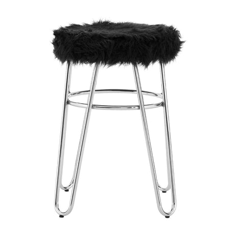 Black faux fur stool with a soft, textured seat and sleek chrome legs, featuring a minimalist design suitable for modern home decor