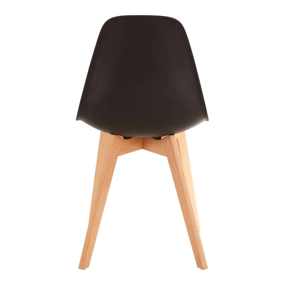 Black dining chair with curved plastic back and light wood legs rear view