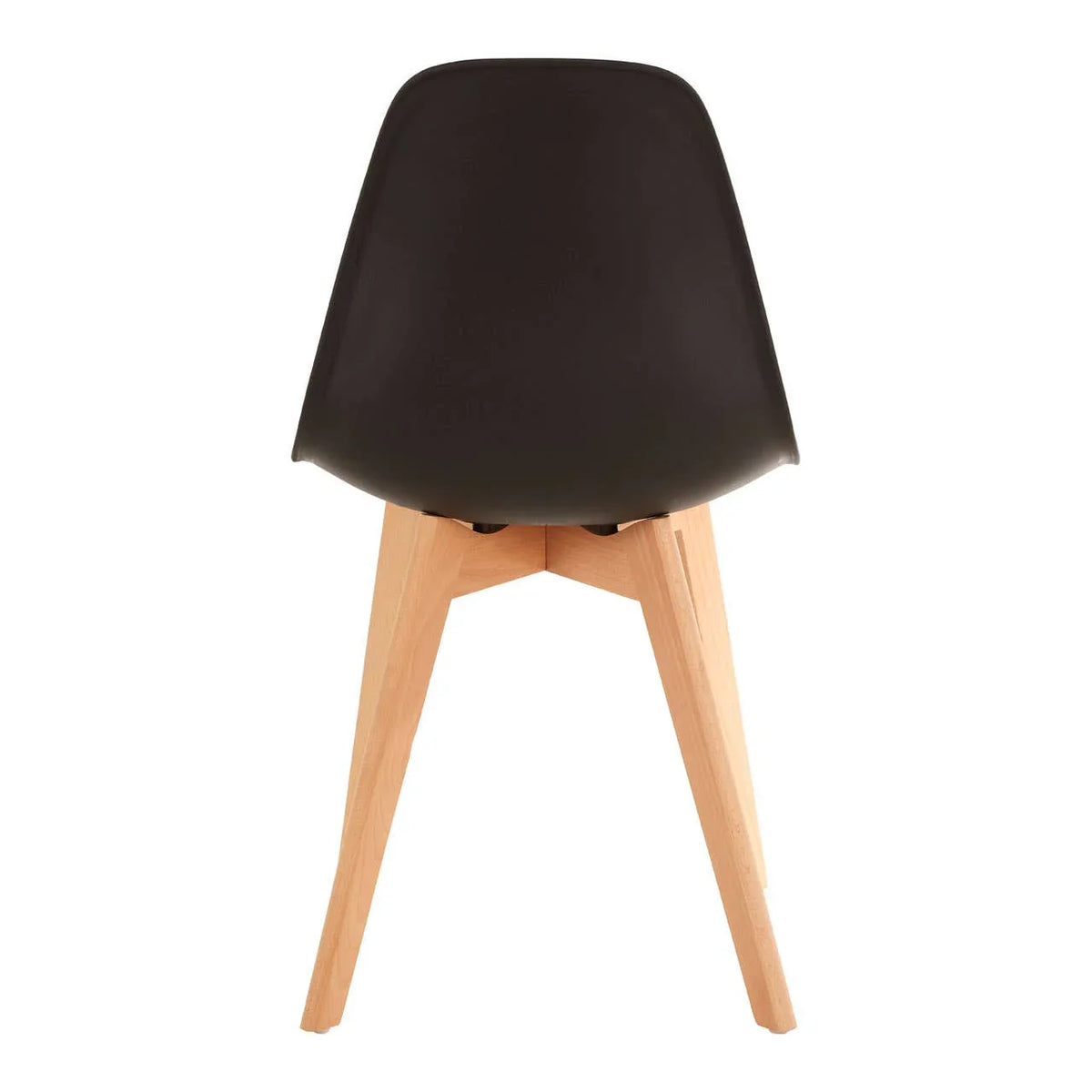 Black dining chair with curved plastic back and light wood legs rear view