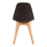 Black dining chair with curved plastic back and light wood legs rear view