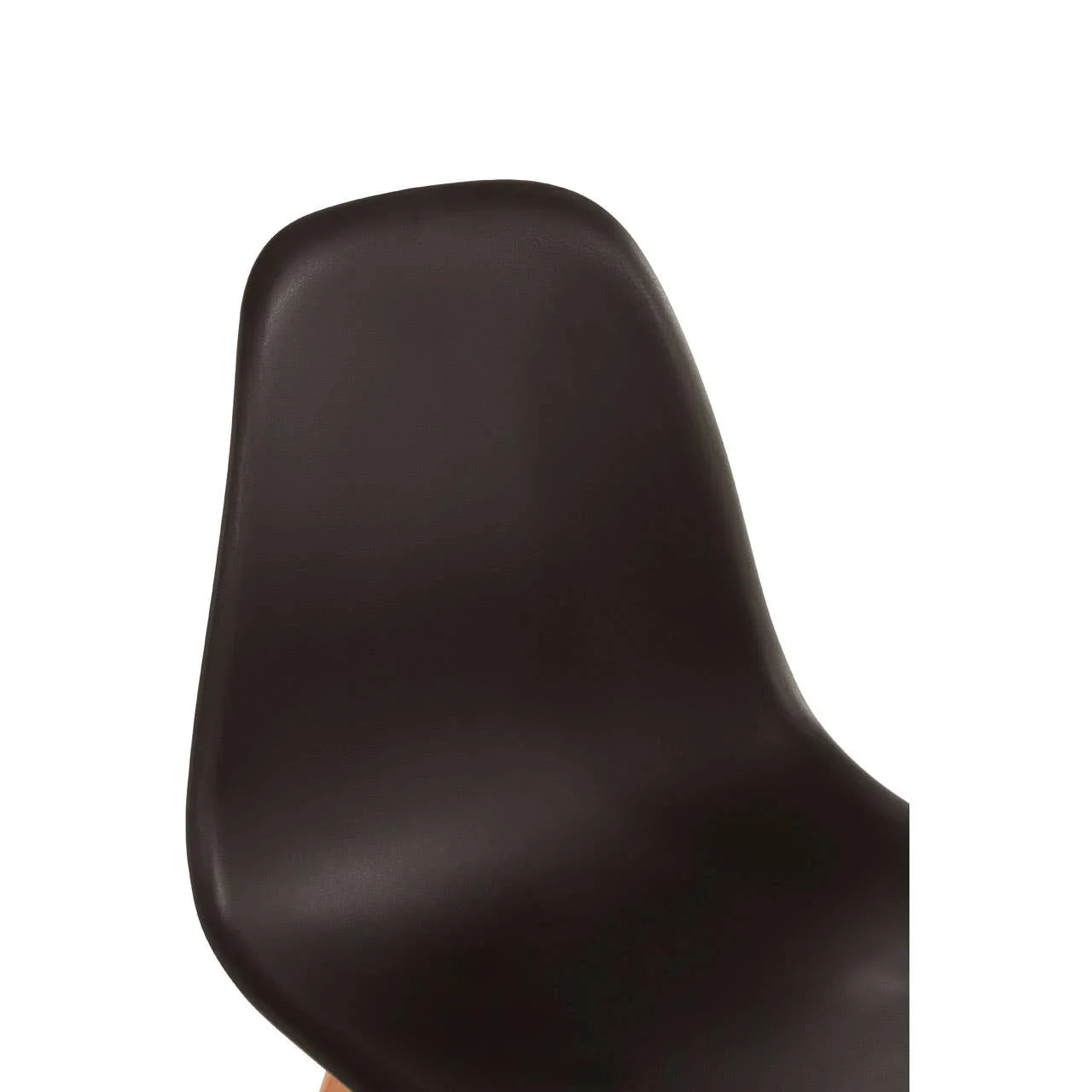 Closeup of modern black plastic dining chair backrest with smooth curved design