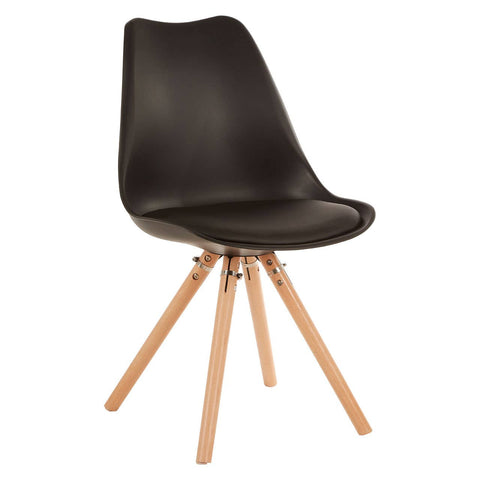 Black padded seat dining chair with a sleek, curved backrest and wooden legs. The chair features a modern design, showcasing a smooth surface and a minimalist aesthetic. The legs are light wood, providing a contrast to the black seat