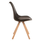 Black padded seat dining chair with a sleek, curved backrest and wooden legs, showcasing a modern design suitable for dining spaces