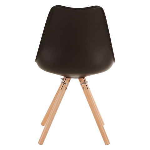 Black padded seat dining chair with a sleek, curved backrest and wooden legs. The chair features a minimalist design, showcasing a smooth black surface and natural wood tones