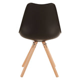 Black padded seat dining chair with a sleek, curved backrest and wooden legs. The chair features a minimalist design, showcasing a smooth black surface and natural wood tones