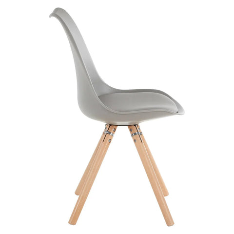 Modern grey dining chair with curved plastic seat and light wooden legs, side view