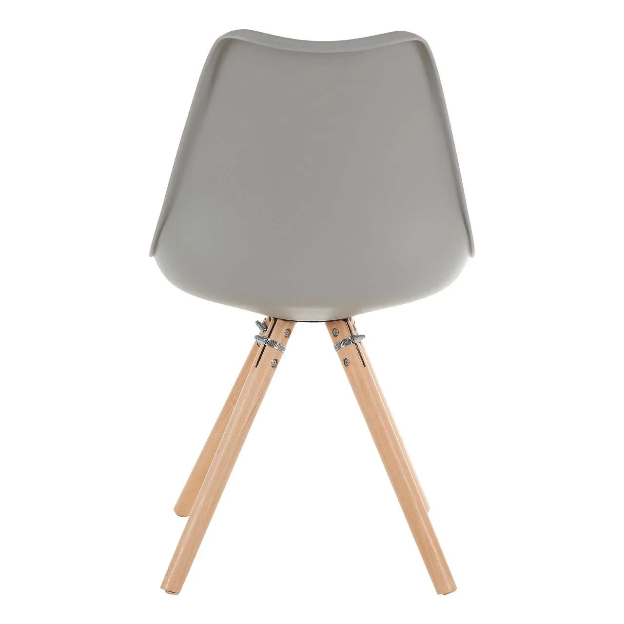 Grey dining chair with moulded plastic seat and light wood legs, rear view