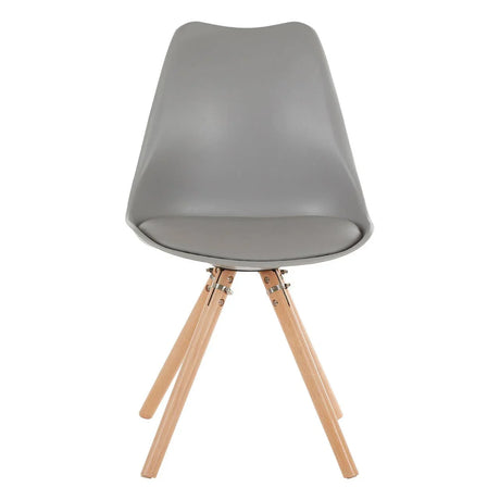 Grey dining chair with molded seat and wooden legs, front view