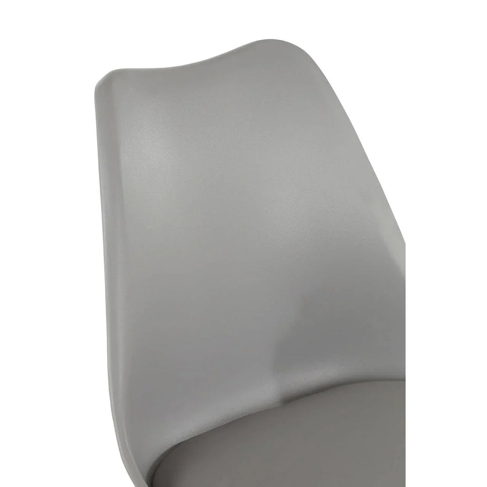 Close-up of grey dining chair backrest with smooth curved plastic design