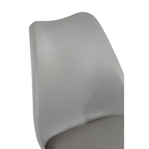 Close-up of grey dining chair backrest with smooth curved plastic design