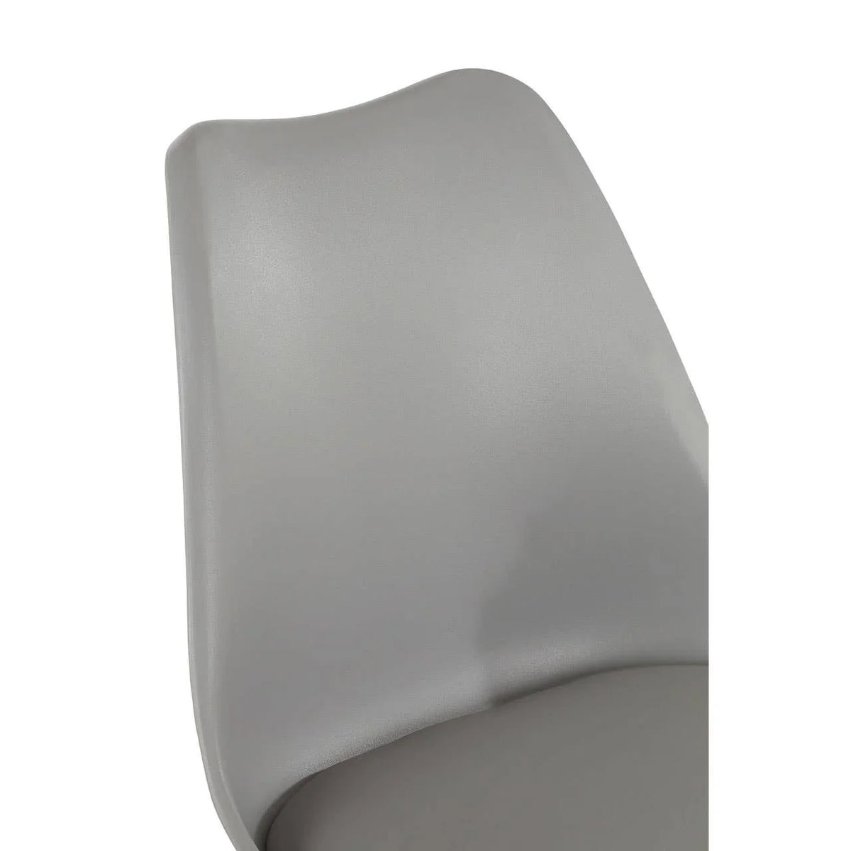 Close-up of grey dining chair backrest with smooth curved plastic design