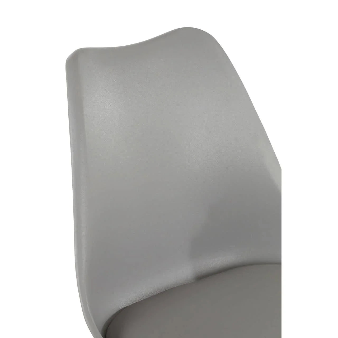 Close-up of grey dining chair backrest with smooth curved plastic design