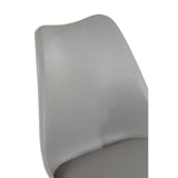 Close-up of grey dining chair backrest with smooth curved plastic design