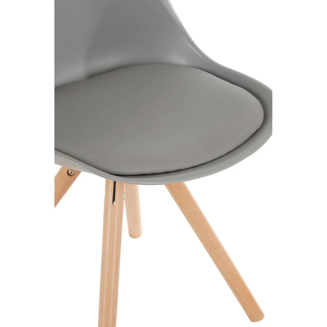 Grey dining chair with cushioned seat and wooden legs, close view of seat and base