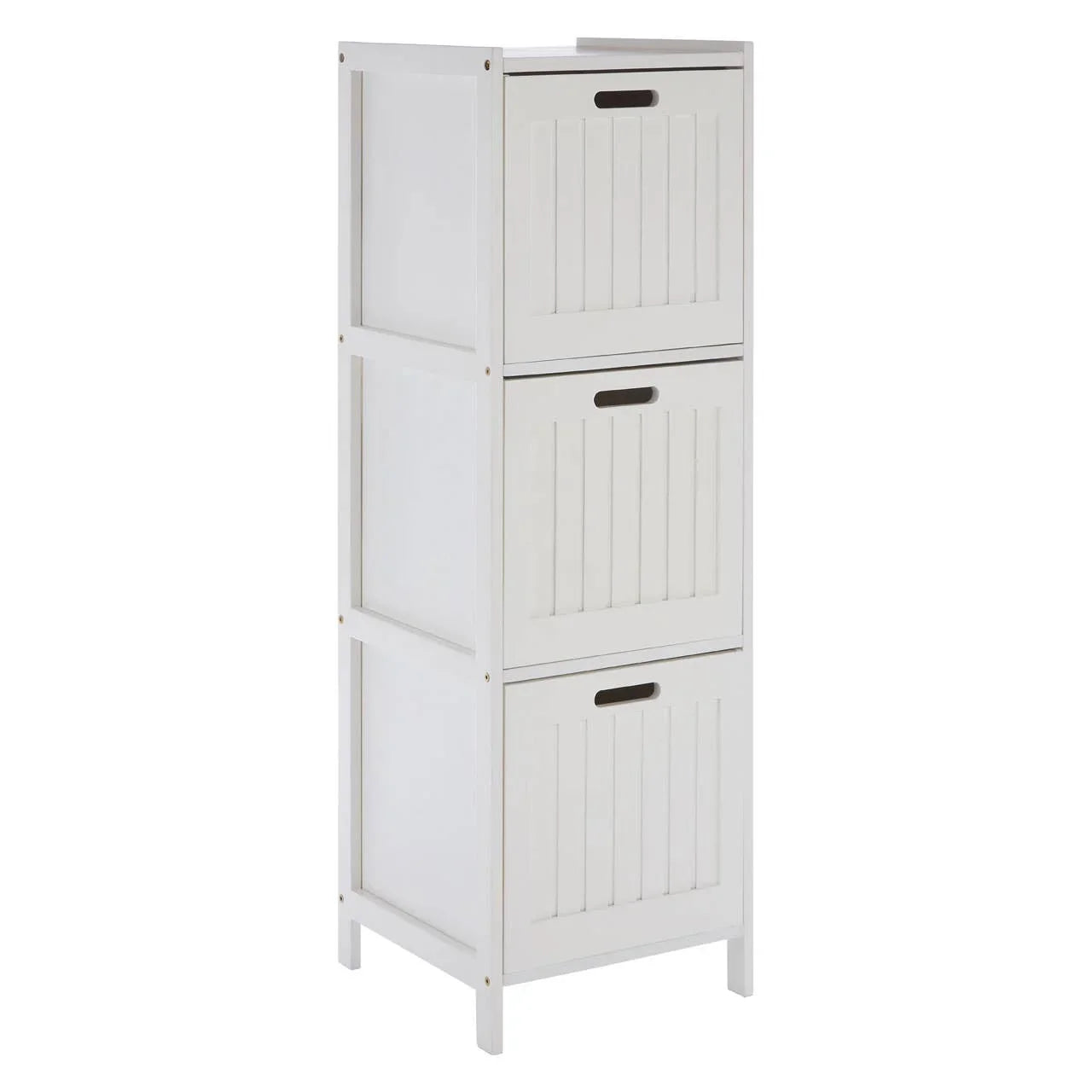 White wooden storage unit with three panelled compartments and cut-out handles
