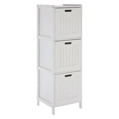 White wooden storage unit with three panelled compartments and cut-out handles