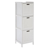 White wooden storage unit with three panelled compartments and cut-out handles