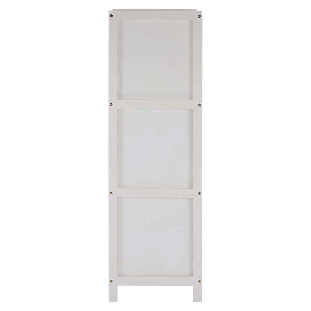White wooden shelving unit side profile with panel detailing and exposed screws