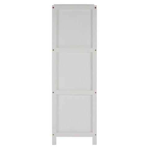 White wooden shelving unit side profile with panel detailing and exposed screws