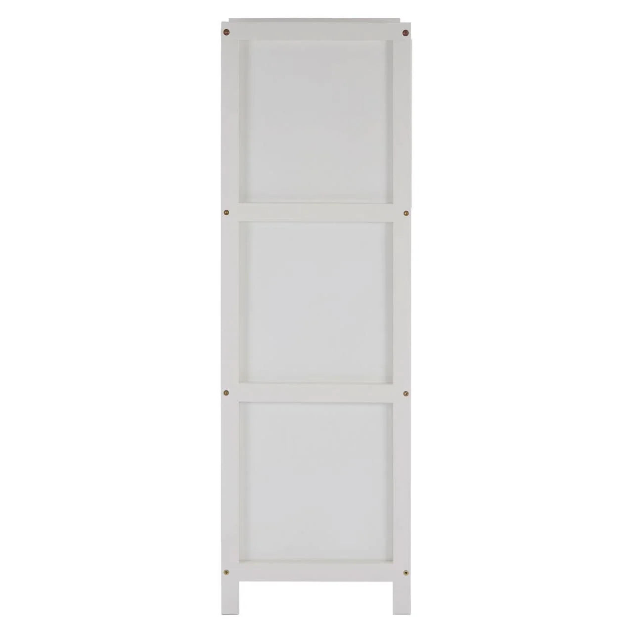 White wooden shelving unit side profile with panel detailing and exposed screws