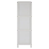 White wooden shelving unit side profile with panel detailing and exposed screws