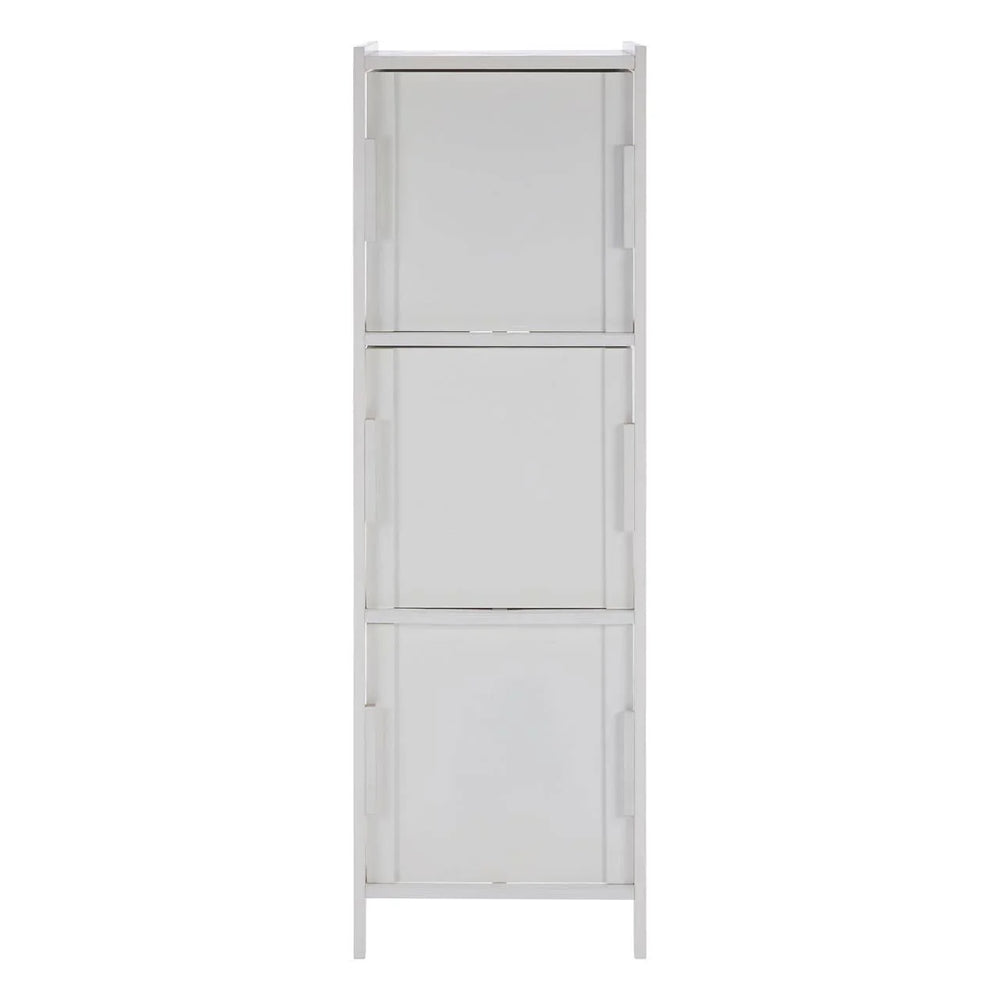 Tall white storage cabinet with three closed compartments, front view