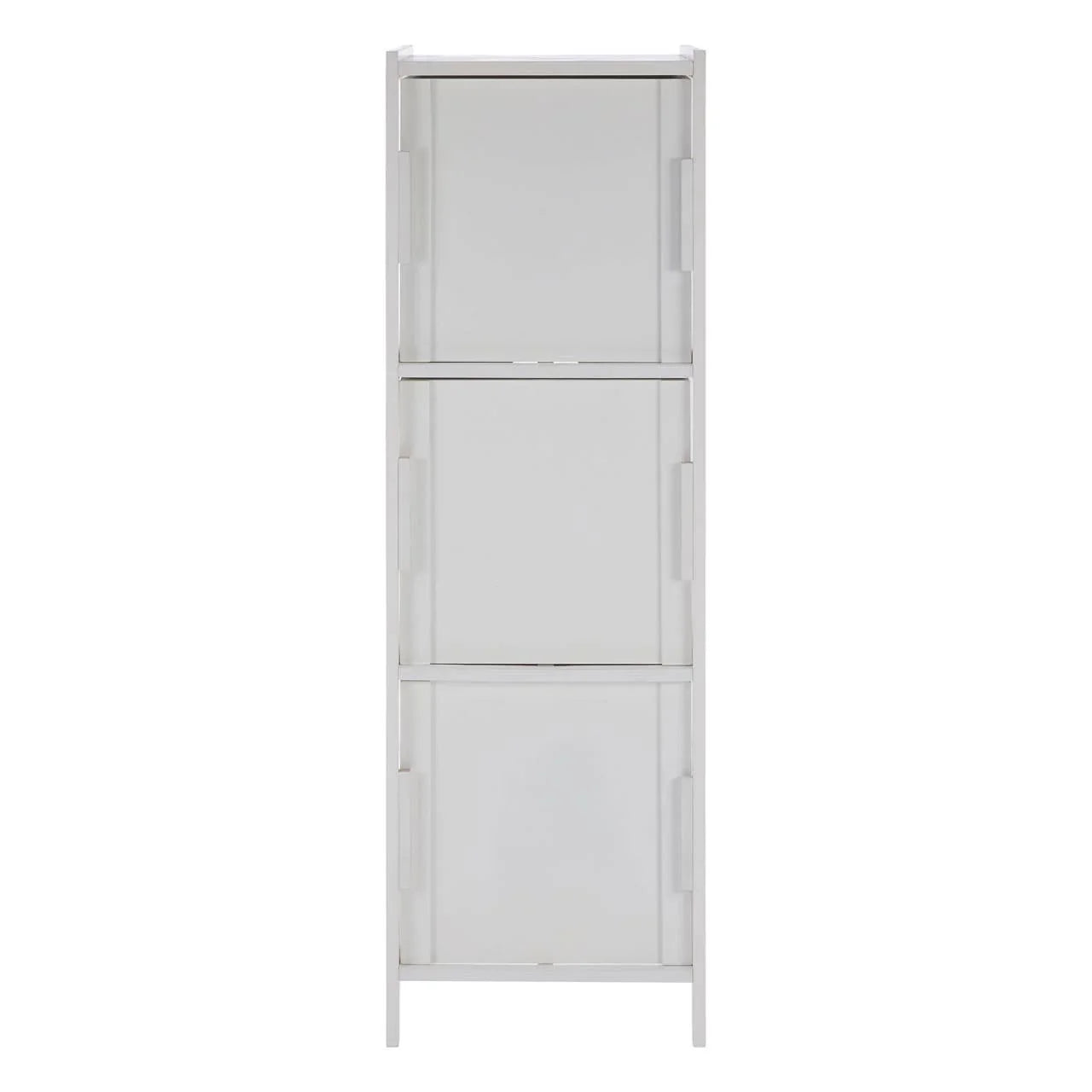 Tall white storage cabinet with three closed compartments, front view