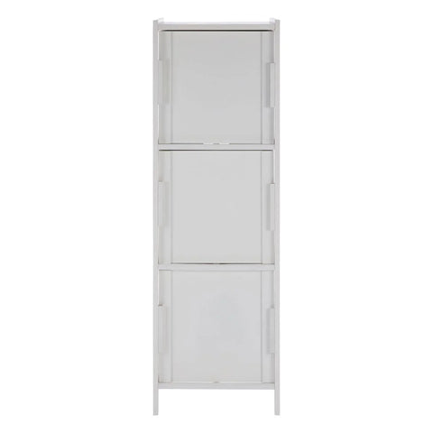 Tall white storage cabinet with three closed compartments, front view