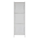 Tall white storage cabinet with three closed compartments, front view