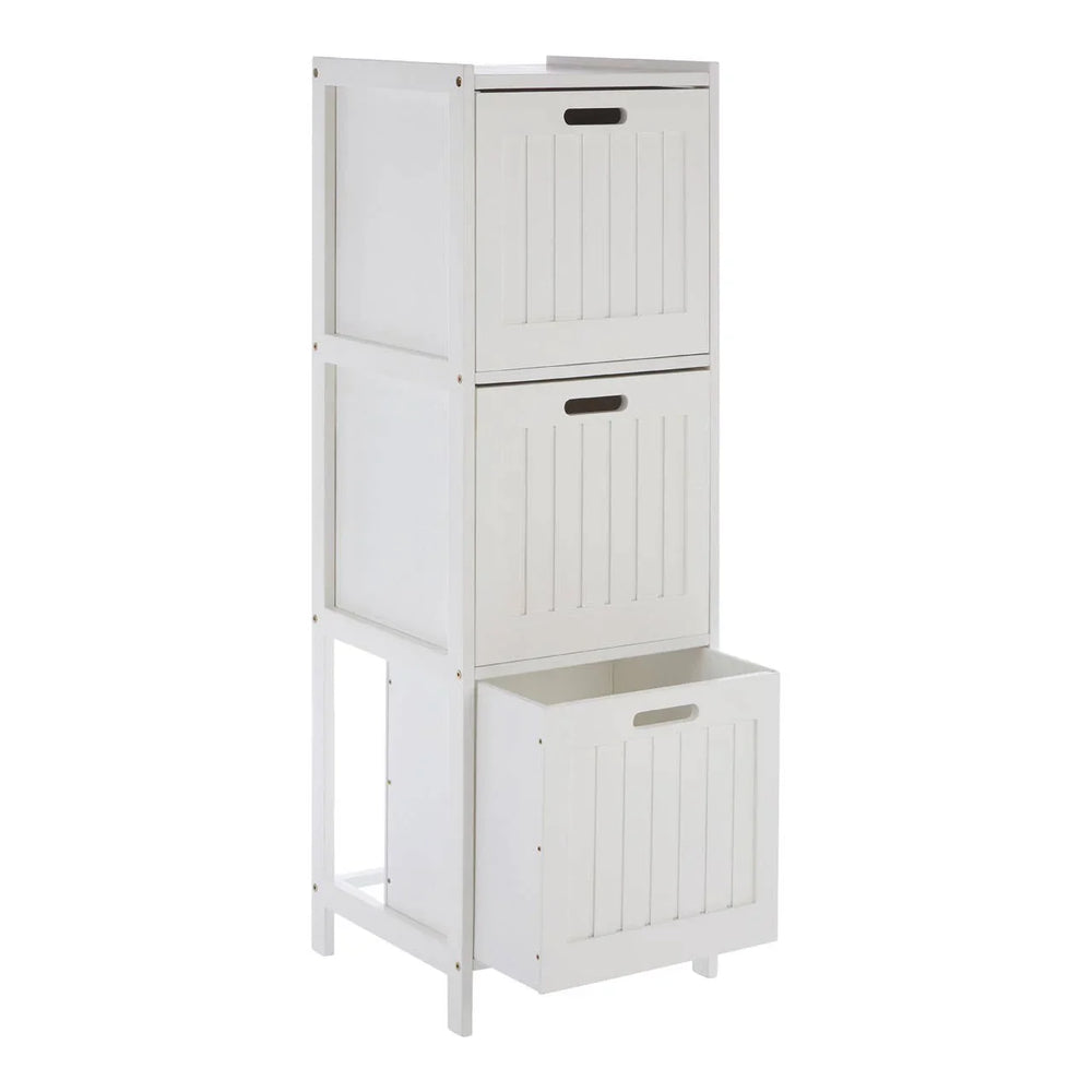 White wooden storage unit with three compartments and pull-out drawers